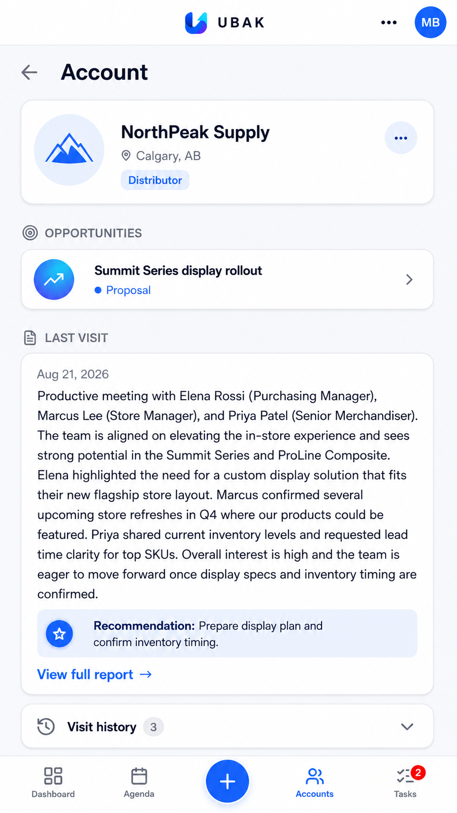 UBAK customer account with contacts, visit history and customer context
