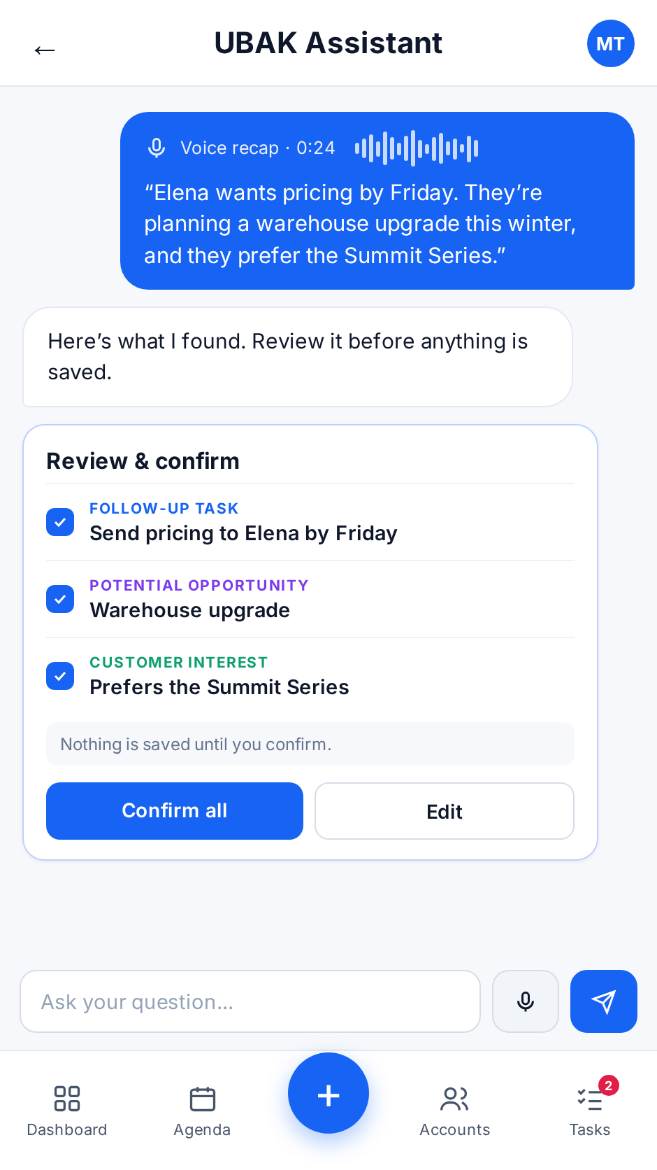 UBAK Assistant recap screen with a proposed pricing task, warehouse opportunity and Summit Series preference, awaiting review and confirmation