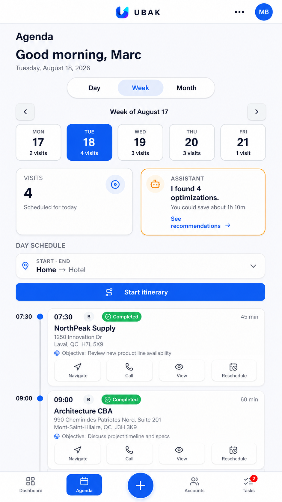 UBAK Agenda showing the week and scheduled customer visits